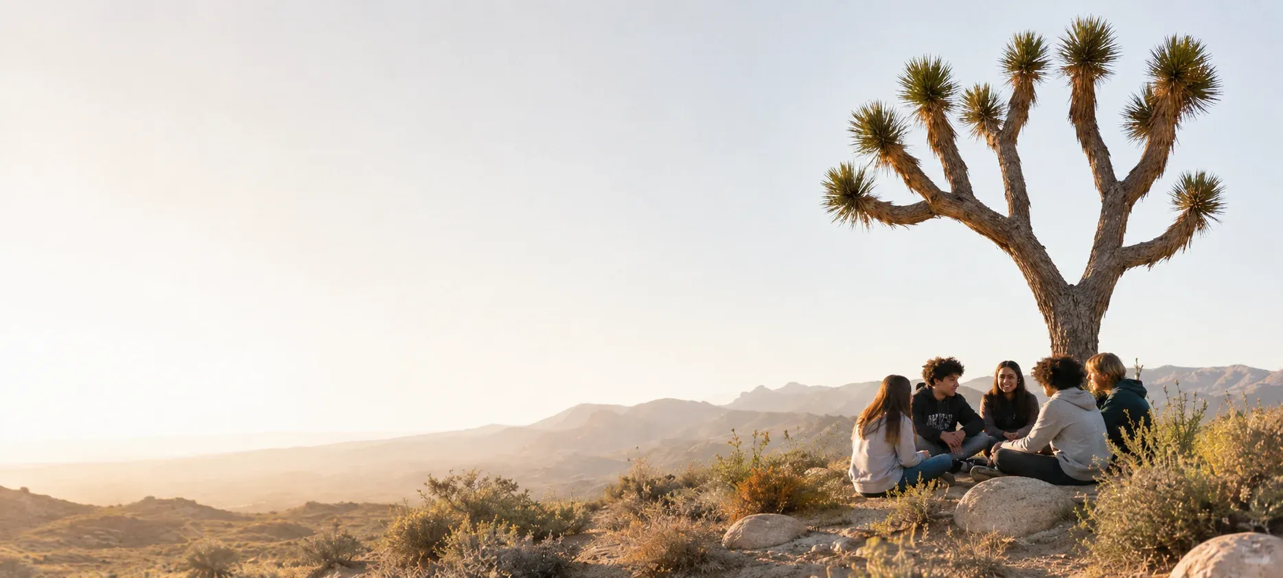 A group of teens talking together near a Joshua tree