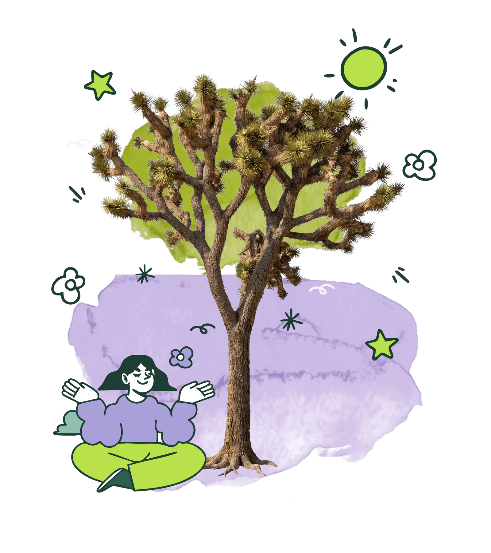 A Joshua tree surrounded by watercolor and hand-drawn symbols