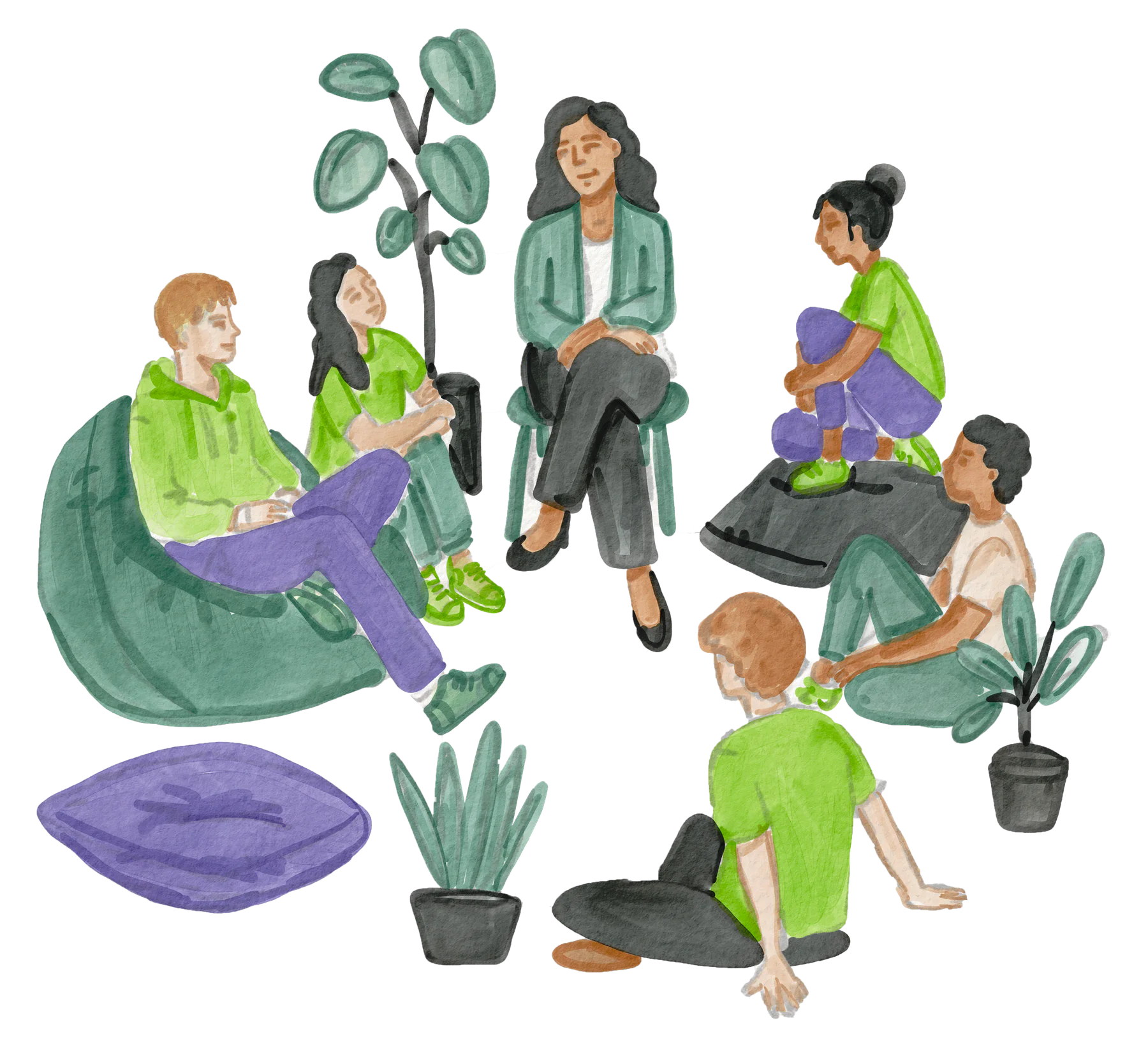 A watercolor illustration of teens in group therapy