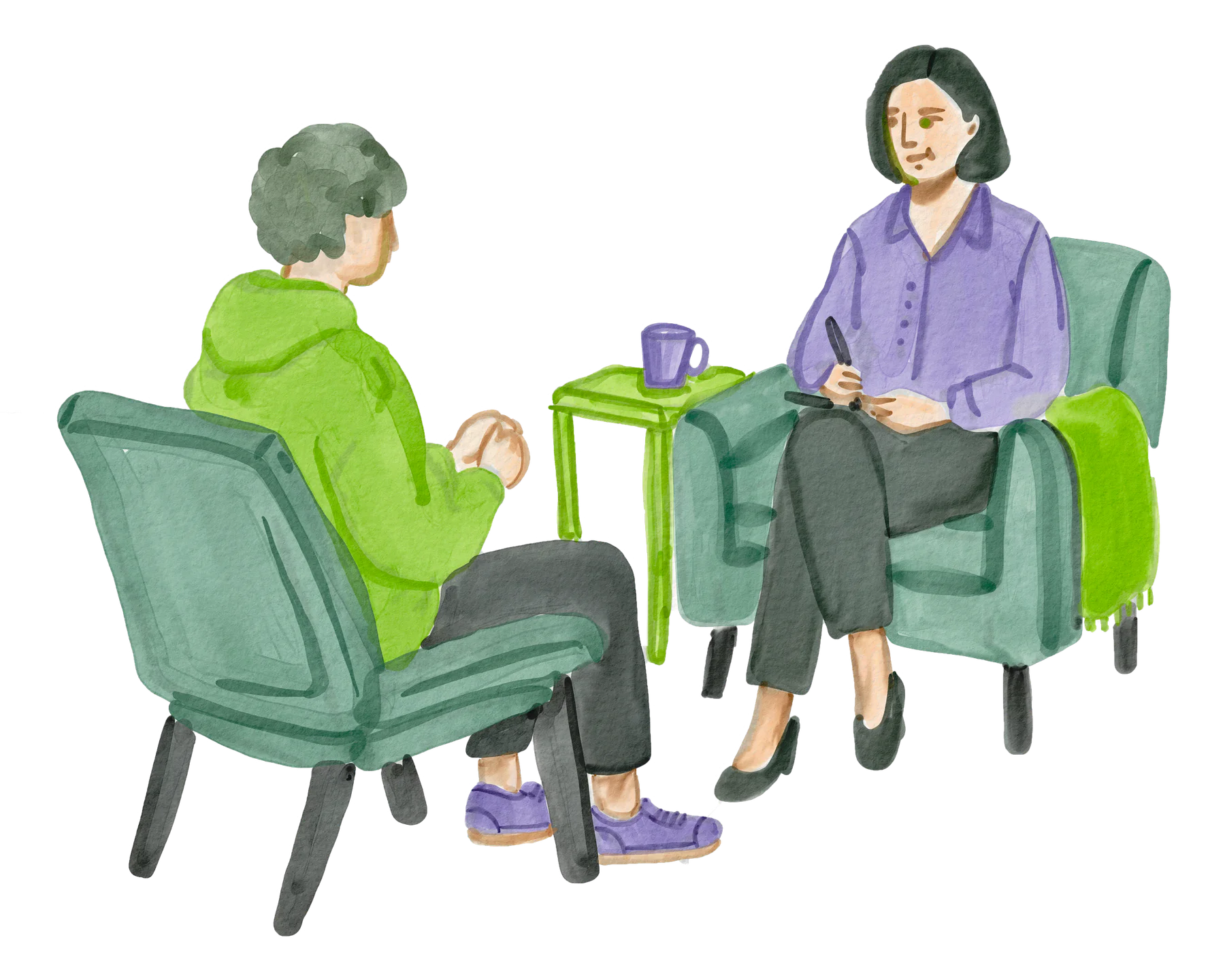 A watercolor illustration of a teen meeting with a therapist